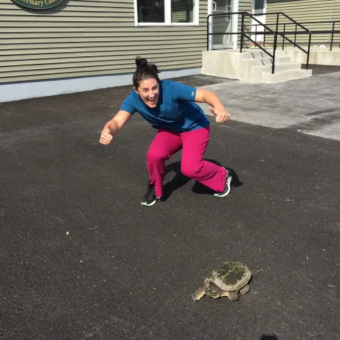 Veterinarian in the parking lot of Waterville Veterinary Clinic with a turtle